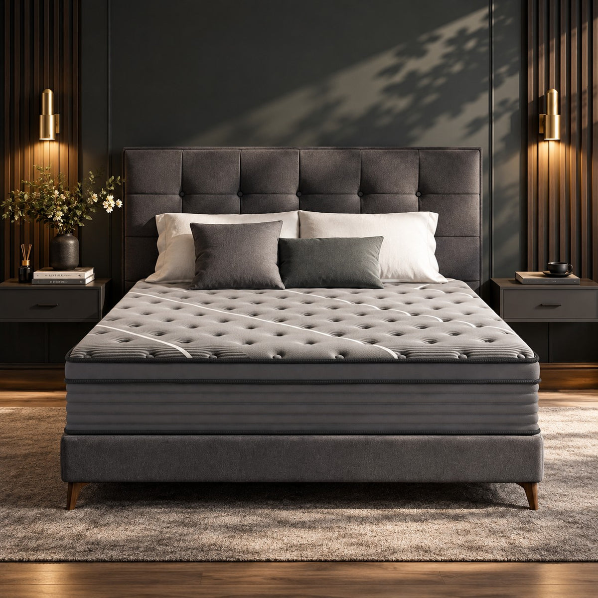 Rest Hybrid Mattress on an upholstered bed in a warm, dark bedroom
