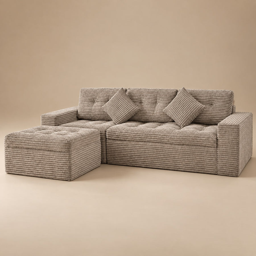 Haven Corduroy Sectional in Mushroom with ottoman