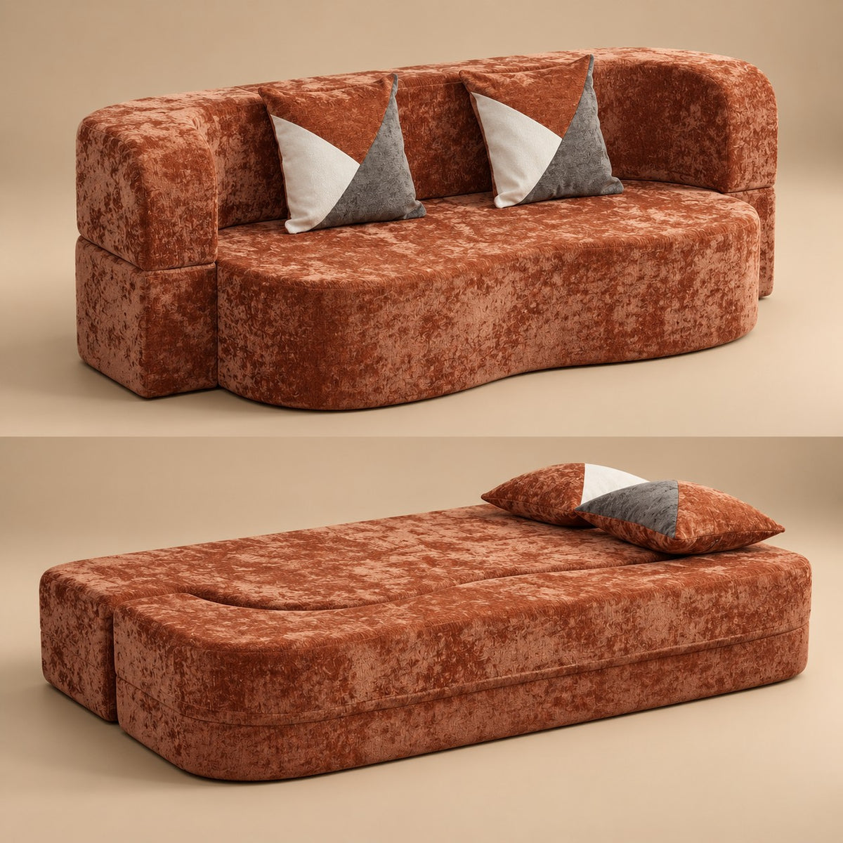 Arc Sofa Bed in Cognac Brown, as a sofa and as a bed