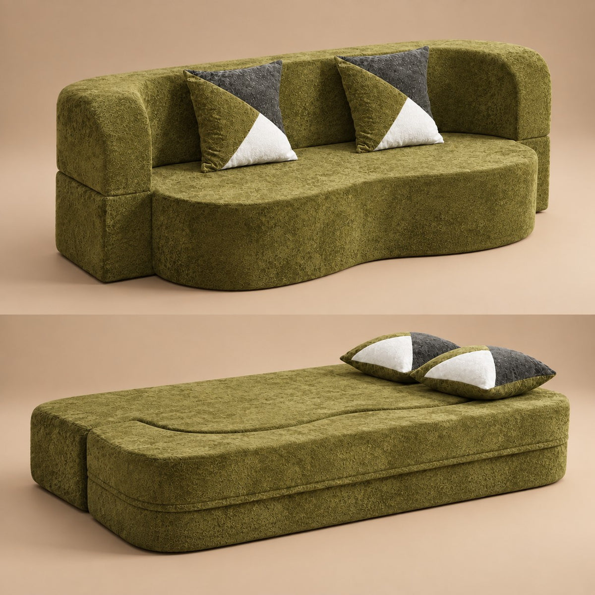 Arc Sofa Bed in Olive Green, as a sofa and as a bed