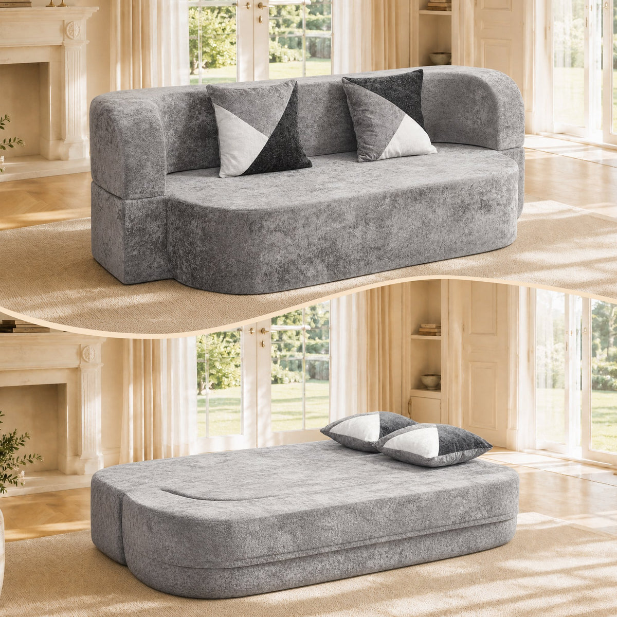 Arc Sofa Bed in Silver Gray as a sofa and as a bed