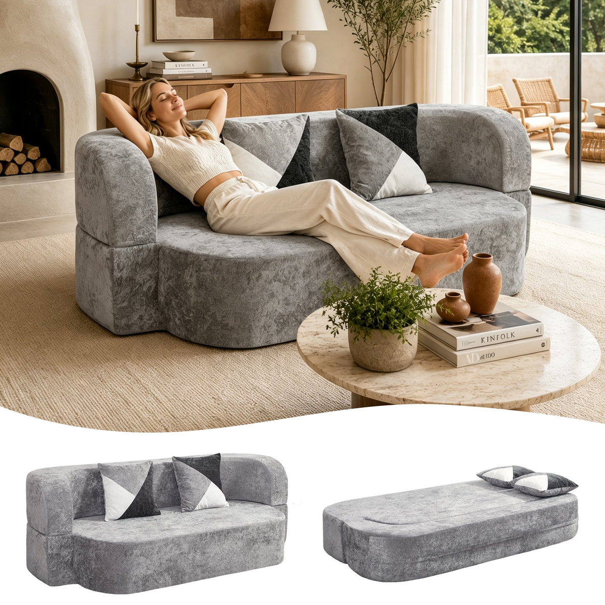 Woman lounging on the Arc Sofa Bed in Silver Gray
