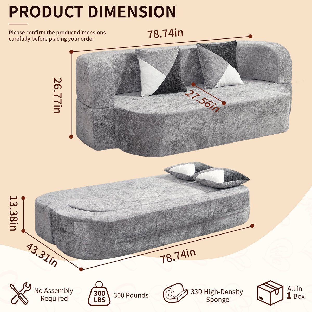 Arc Sofa Bed in Silver Gray: dimensions as a sofa and as a bed
