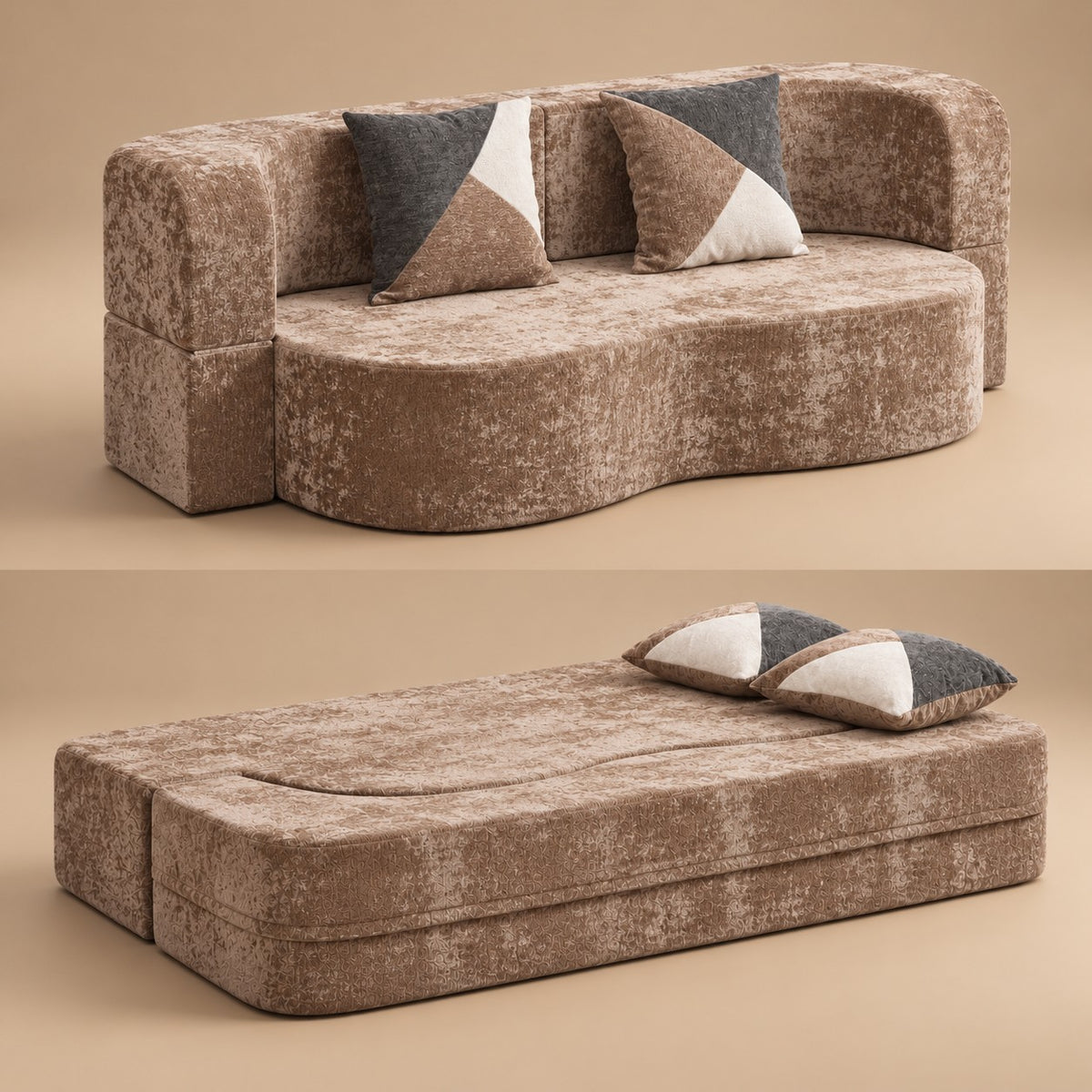 Arc Sofa Bed in Taupe Beige, as a sofa and as a bed