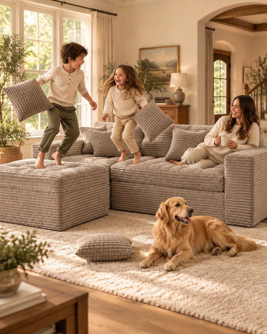 Kids playing on the Haven corduroy sectional with the family dog