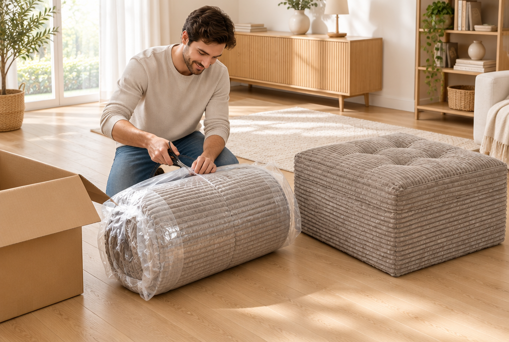 Cutting the wrap as the Haven corduroy cushion expands