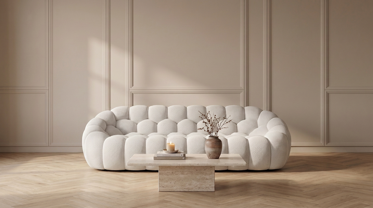 AP-89 3 seat bubble sofa in Cloud White 3D air-mesh in a panelled living room