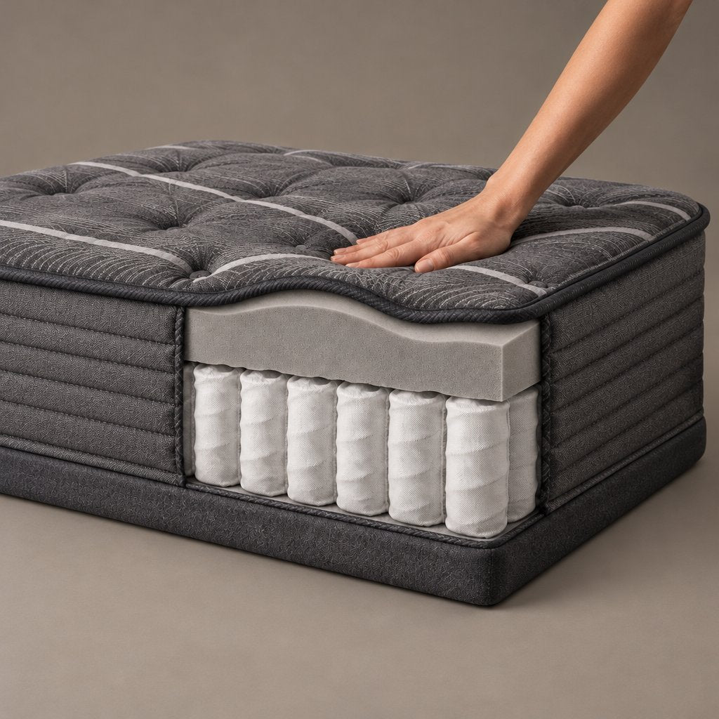 Cutaway of the Rest Hybrid Mattress: quilted top, memory foam and pocket coils