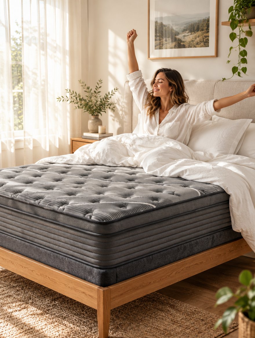 Woman waking up rested on the Rest Hybrid Mattress