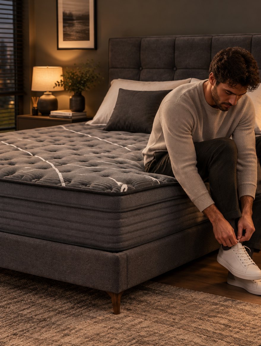 Sitting on the edge of the Rest Hybrid Mattress, firm edge support