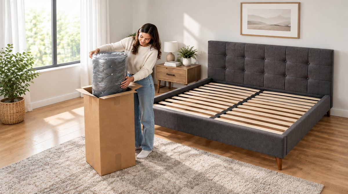 The rolled Rest Hybrid Mattress coming out of its box next to the bed frame