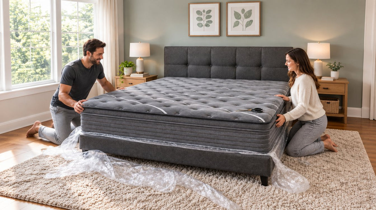 Couple unrolling the Rest Hybrid Mattress on the bed frame