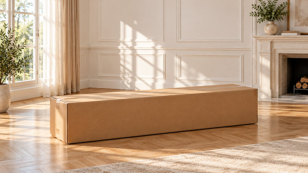 The sofa bed arrives in one plain box
