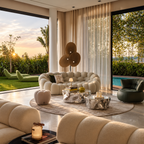 AP-89 sofas in Cloud White on an open villa terrace at sunset, pool and garden beyond