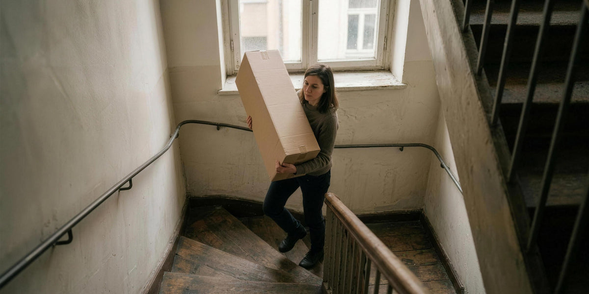 One person carrying a MELTLY carton up a narrow turning staircase